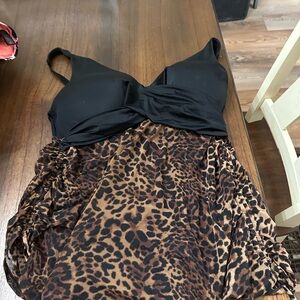 Lane Bryant Black and Leopard Print Swim Dress